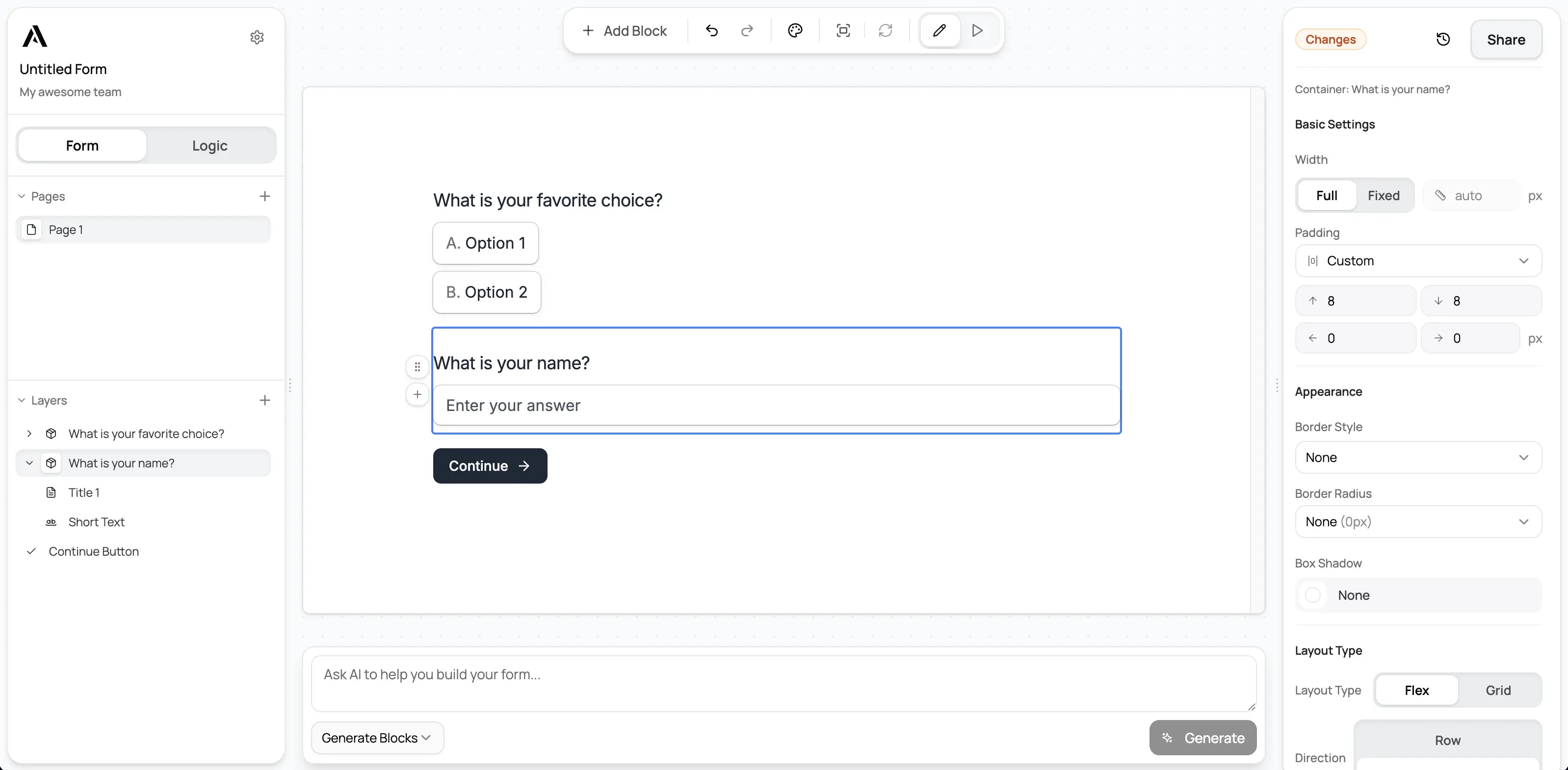 Form builder interface
